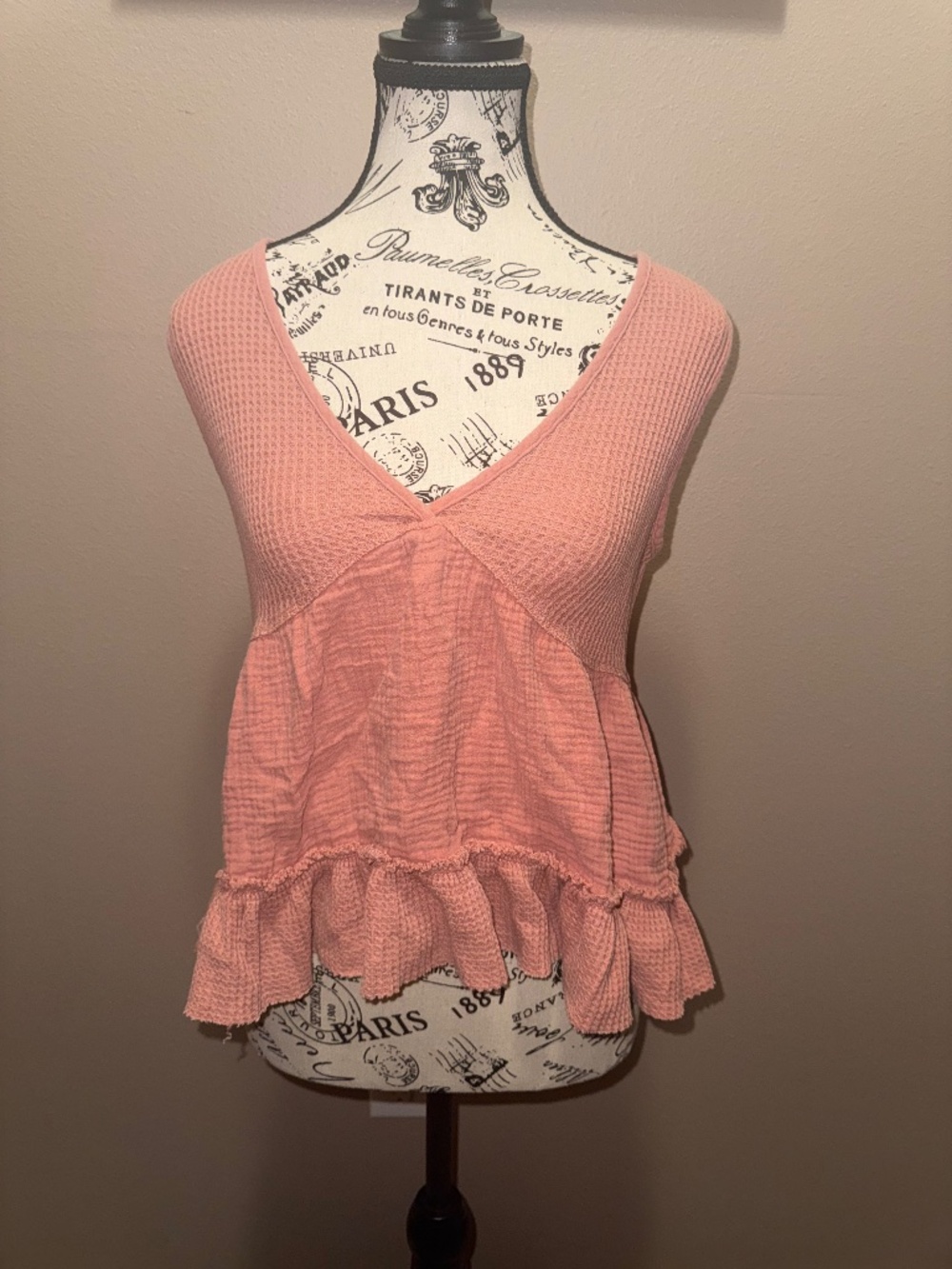 Pink Rose Coral Waffle Knit Babydoll Tank Top Ruffle Hem Boho Small